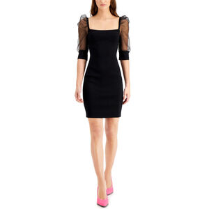 Bar III Women's Size Small Black Organza Puff Sleeve Sweater Mini Dress NWT